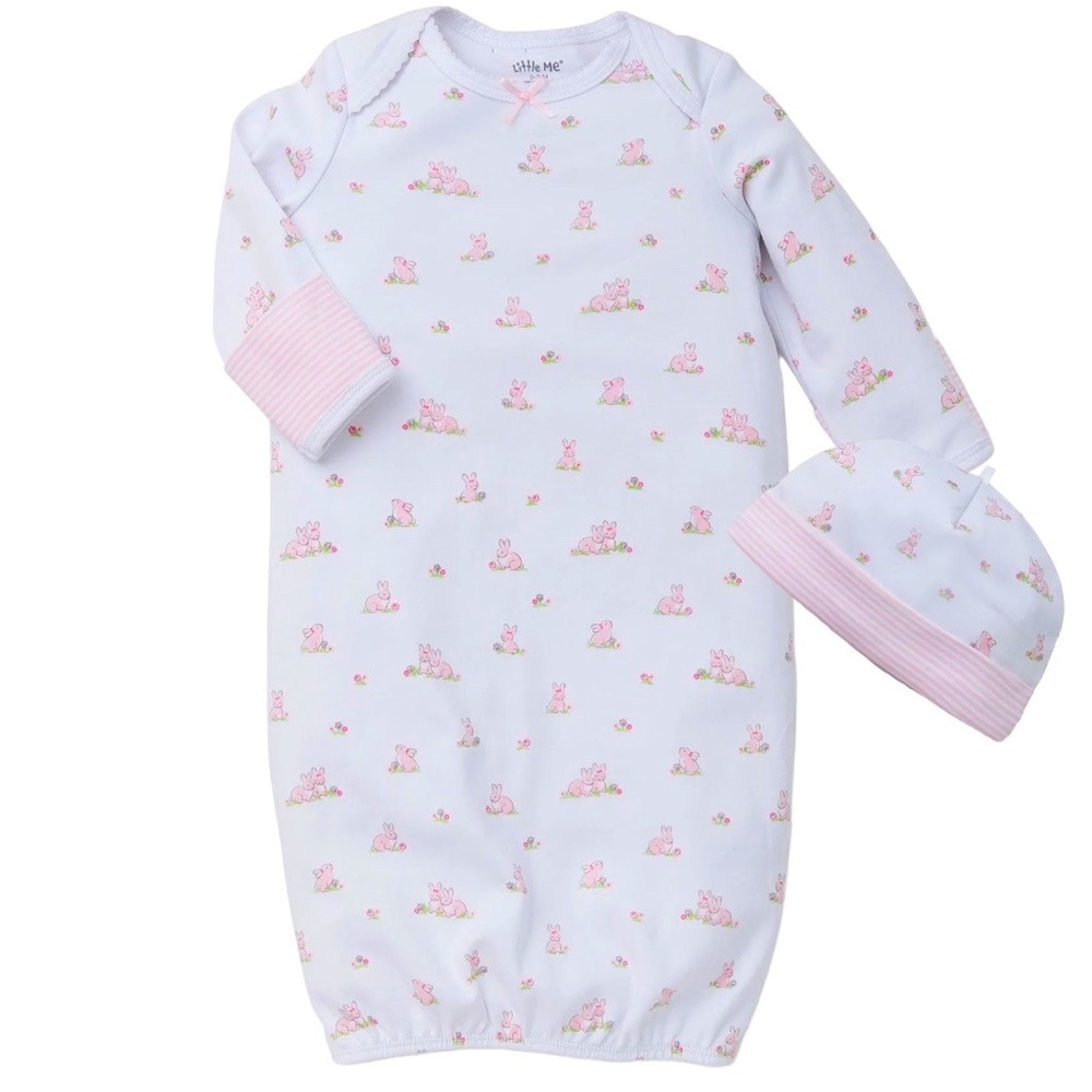 New Little Me Baby Girl 0-3 Months Bunny Sleeper Gown & Hat Matching Outfit